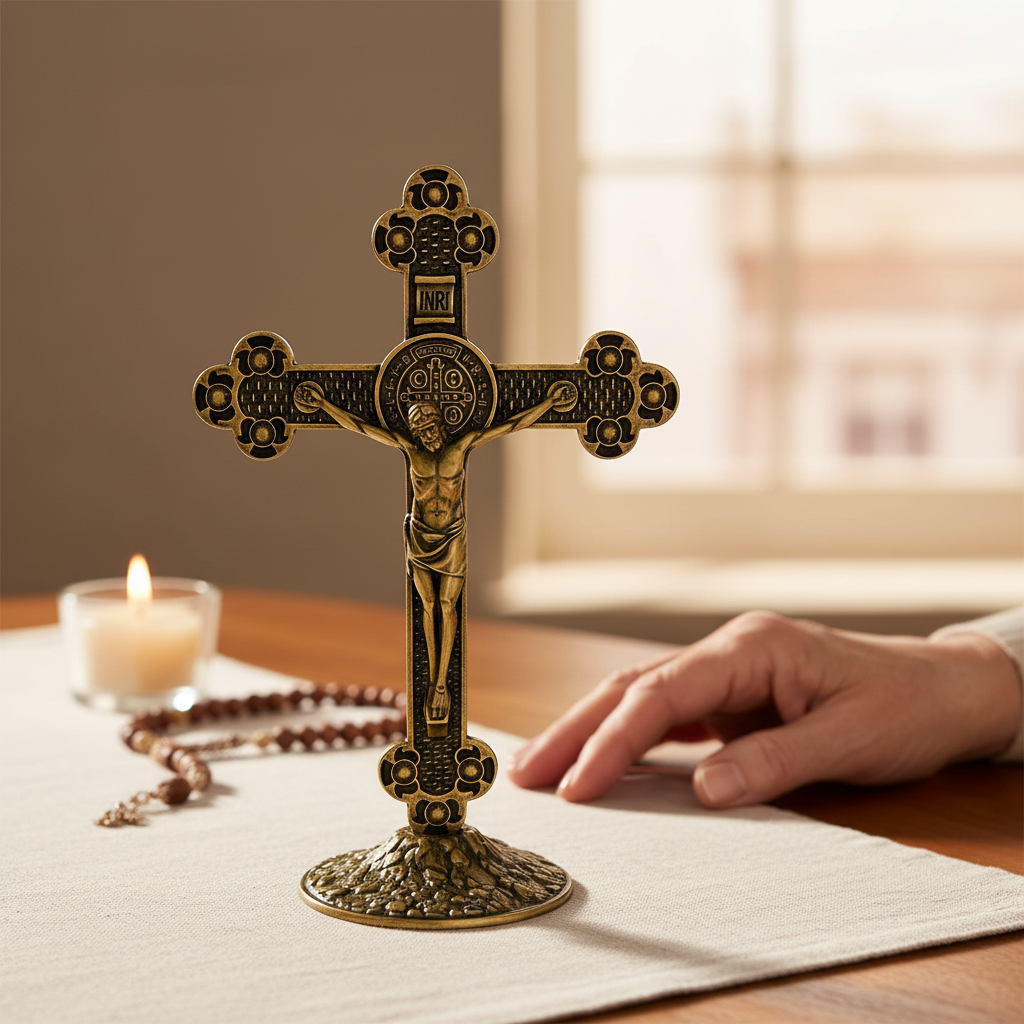 Saint Benedict Metal Table Crucifix with Medal — Old Gold, 5.1 in Standing Cross