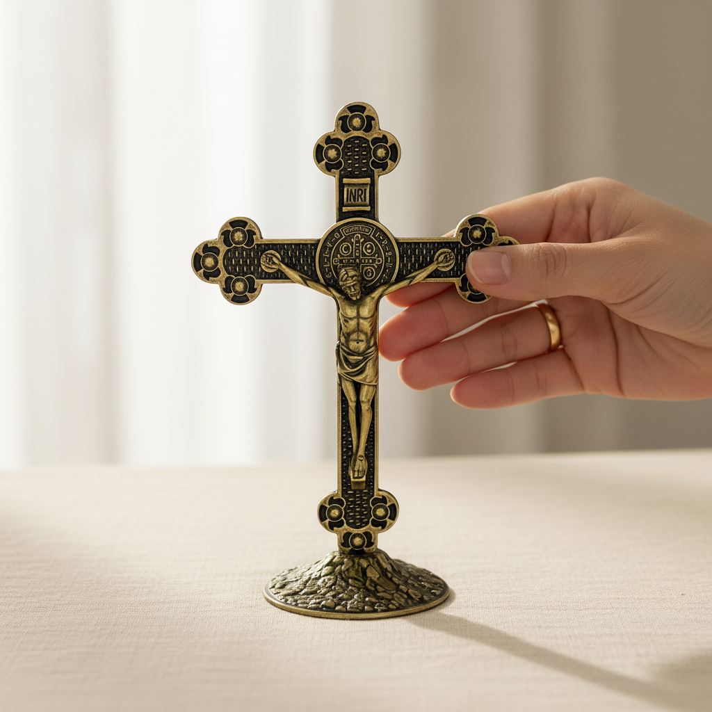 Saint Benedict Metal Table Crucifix with Medal — Old Gold, 5.1 in Standing Cross
