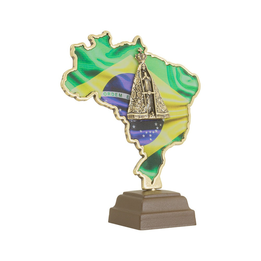 Our Lady of Aparecida Figurine 4.6 Inch with Metal Base and Brazilian Flag Background