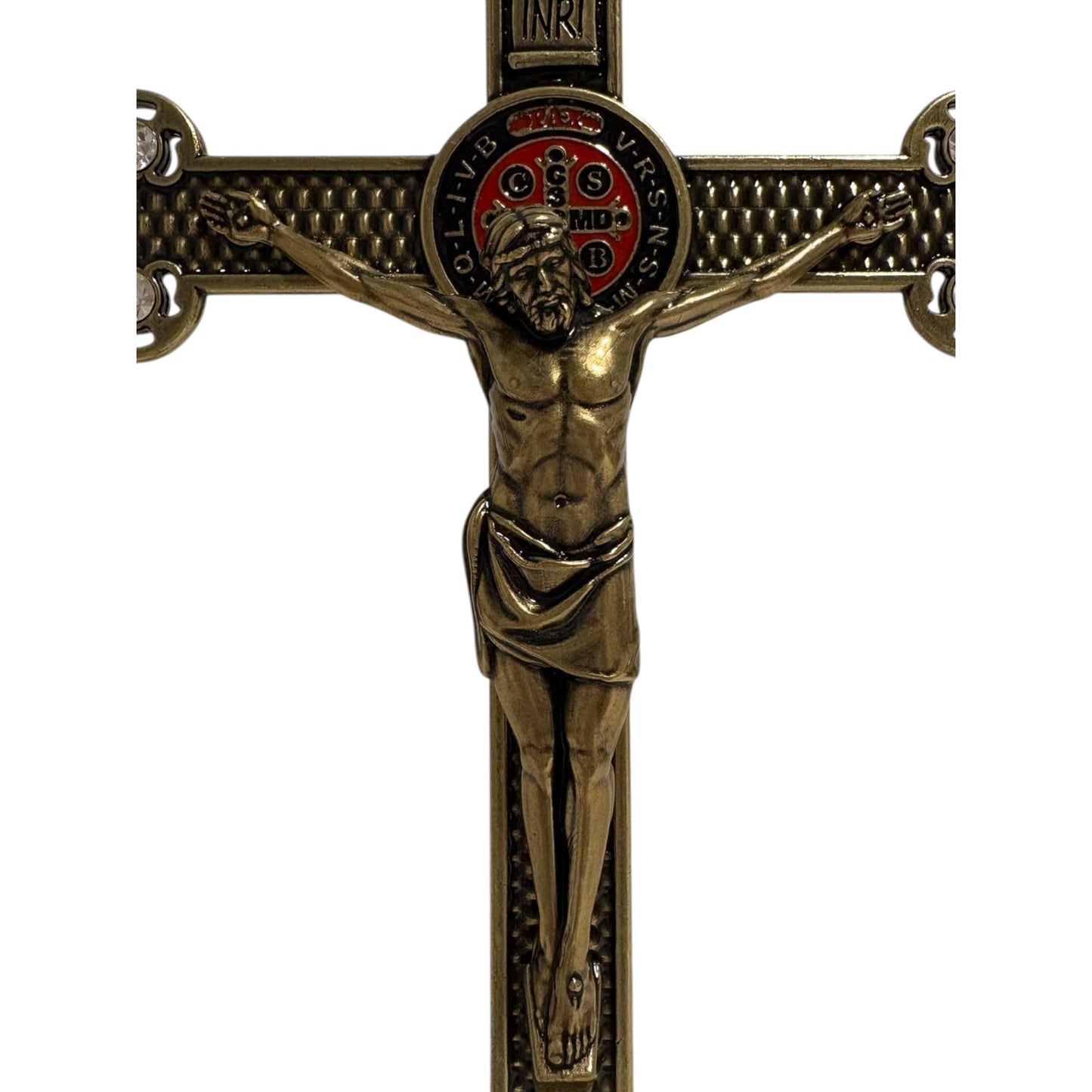 Crucifix for Table in Metal with St. Benedict Medal and Crystals