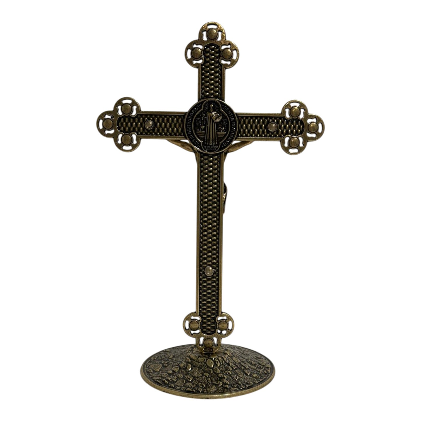 Crucifix for Table in Metal with St. Benedict Medal and Crystals