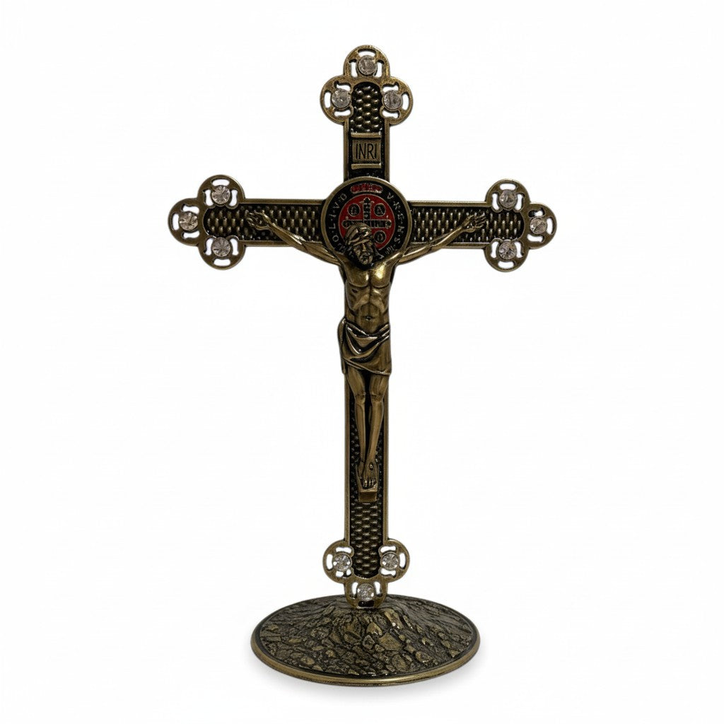 Crucifix for Table in Metal with St. Benedict Medal and Crystals