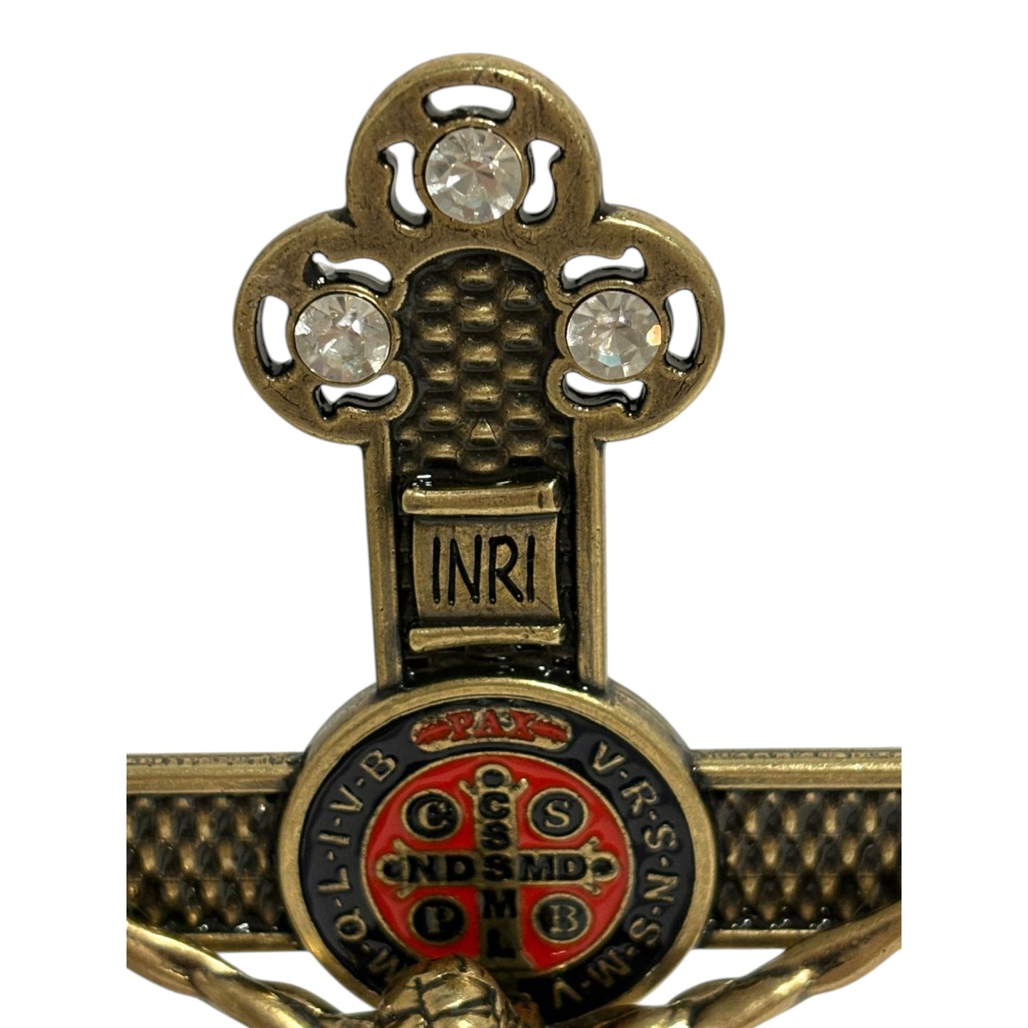 Crucifix for Table in Metal with St. Benedict Medal and Crystals