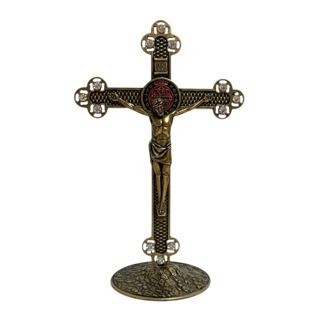 Crucifix for Table in Metal with St. Benedict Medal and Crystals