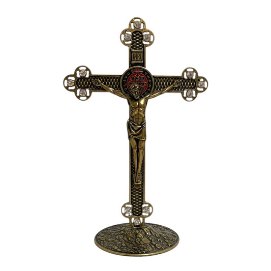 Crucifix for Table in Metal with St. Benedict Medal and Crystals