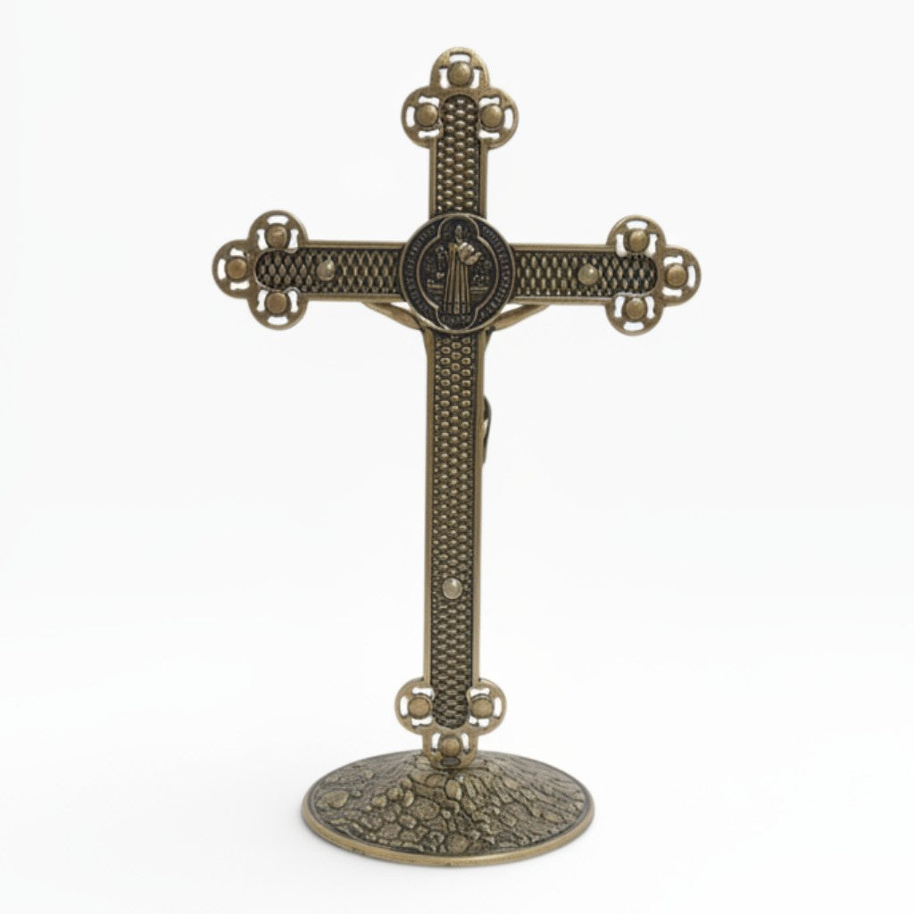 St. Benedict Table Crucifix with Crystals 9.8 in — Old Gold Metal