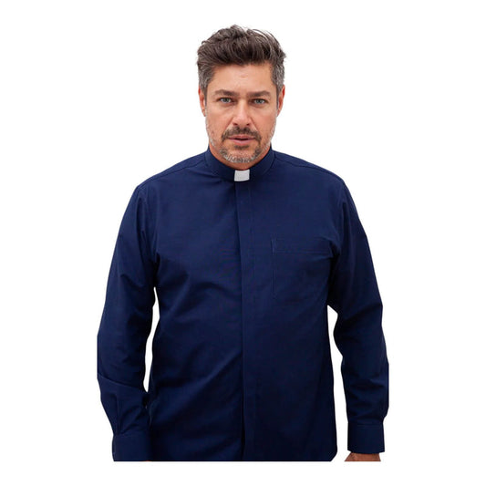 Navy Blue clerical shirt, long sleeve, front view