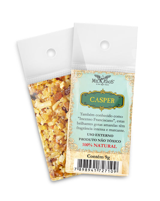 9g sachet of Milagros Casper resin incense, front and back, with the Franciscan Incense label and yellow resin drops.