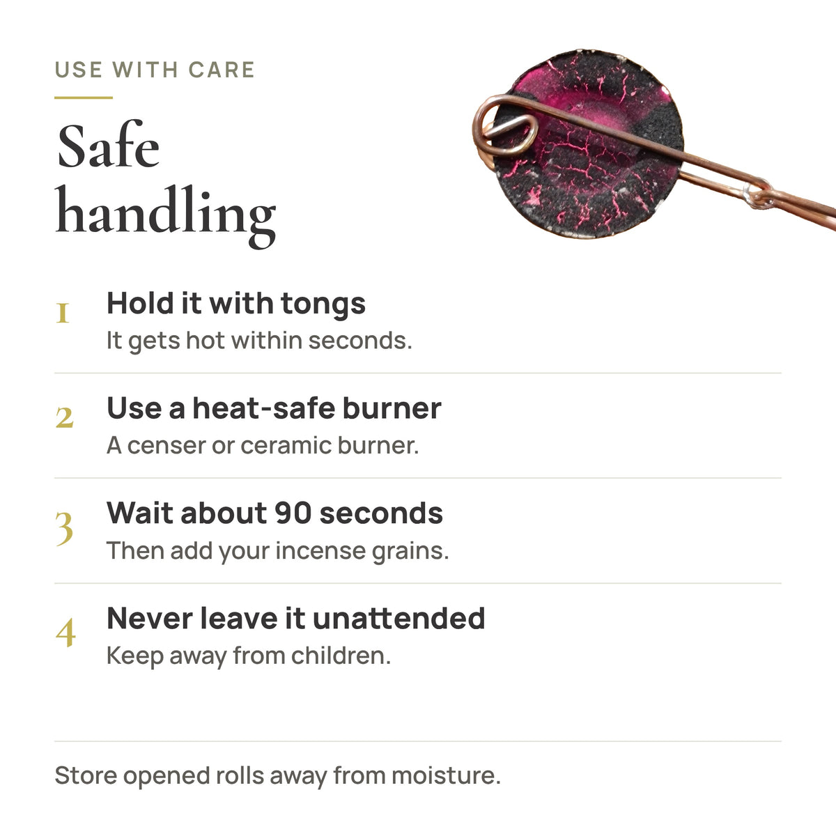 Safe handling of lit charcoal tablets with tongs on a heat-safe surface