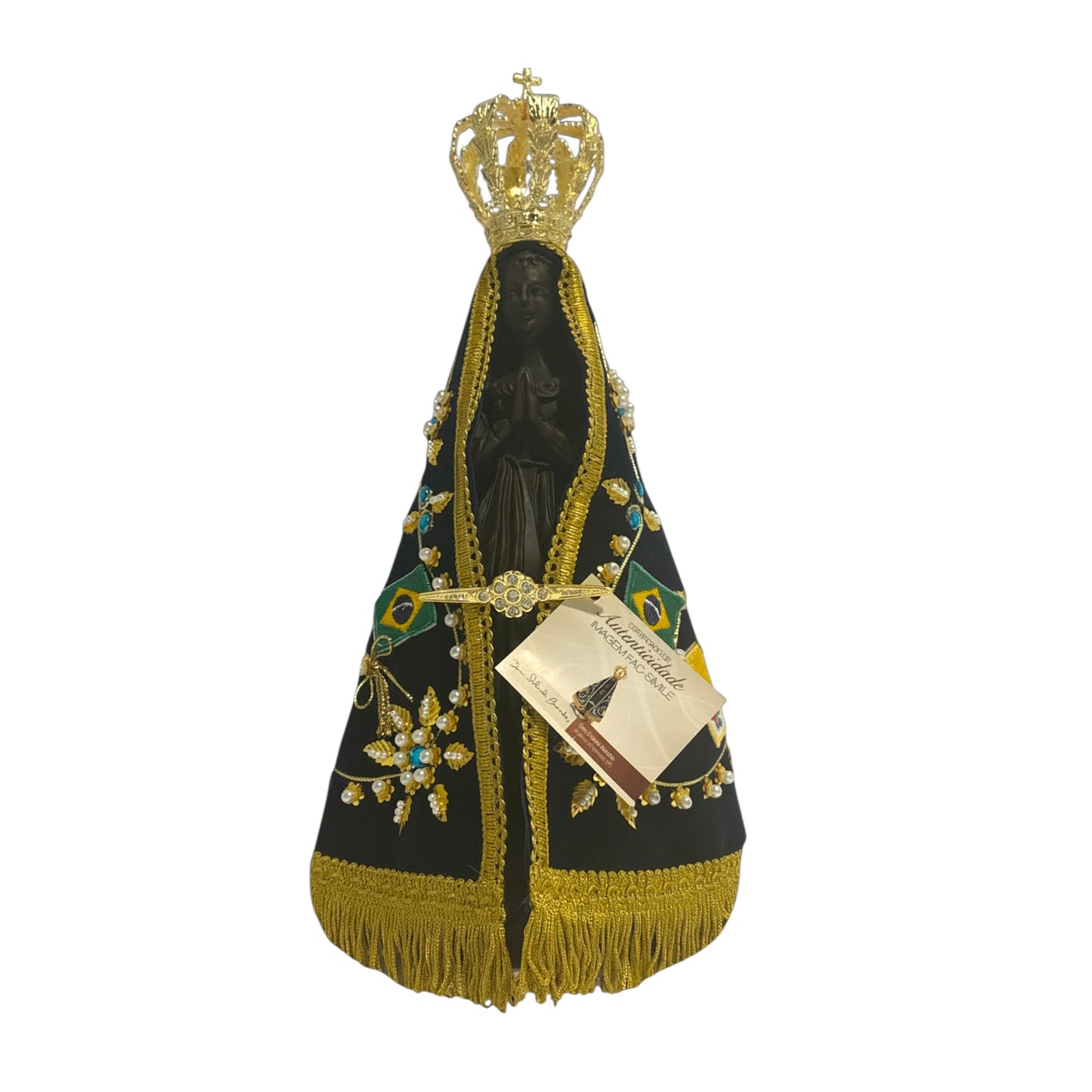 Official Facsimile Our Lady of Aparecida Statue - 14.5 Inch Replica with Authenticity Certificate from National Shrine - Hand-Embroidered Mantle