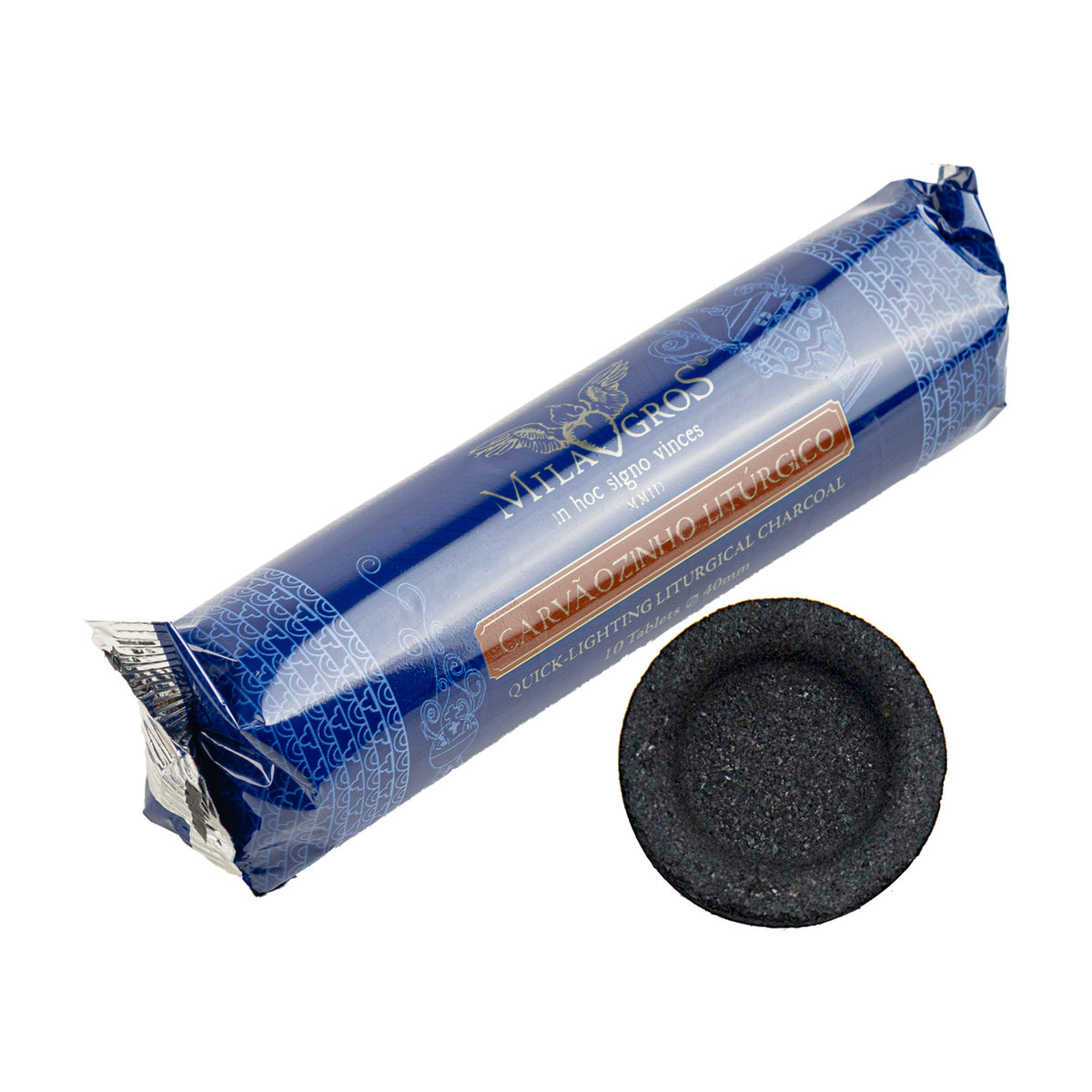 Roll of 10 Milagros quick-light charcoal tablets, 1.6 in (40 mm)