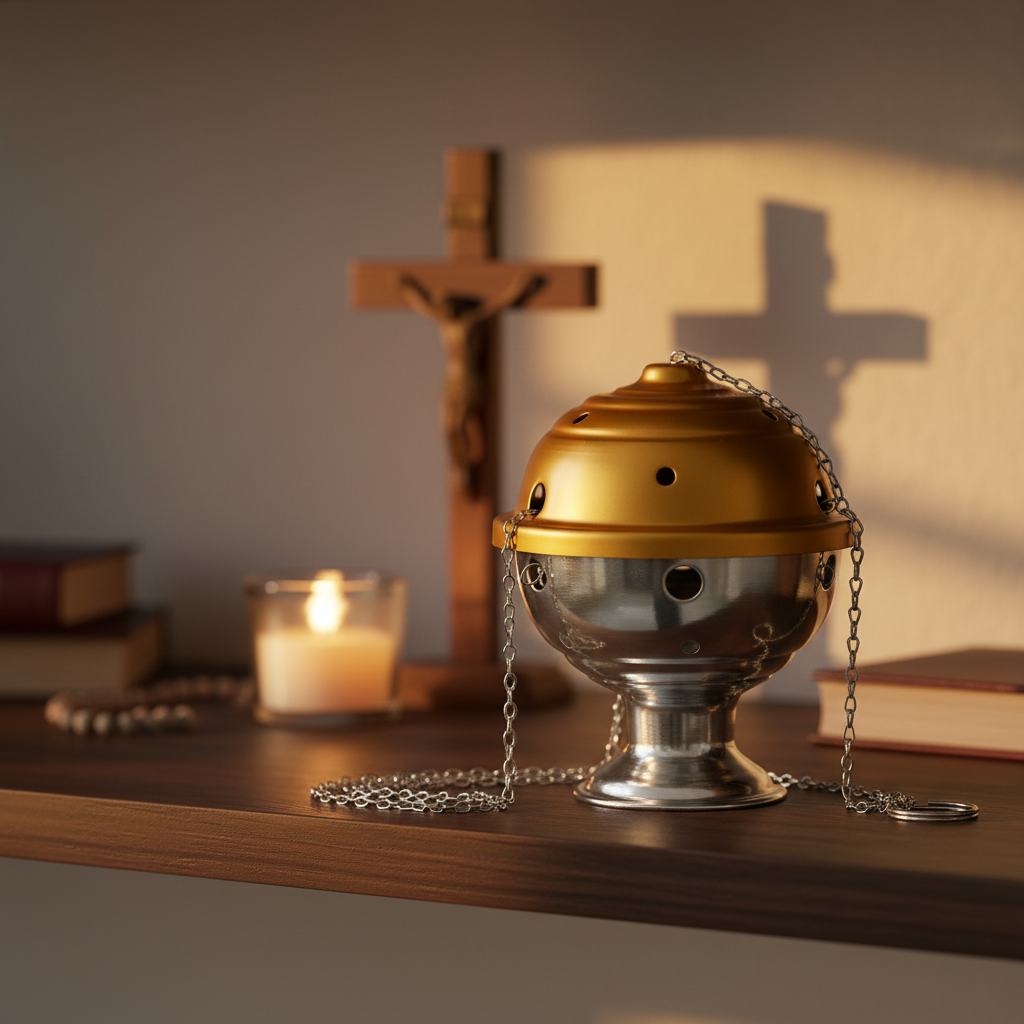 Matte gold thurible on a wooden home altar with a crucifix and lit votive candle blurred behind