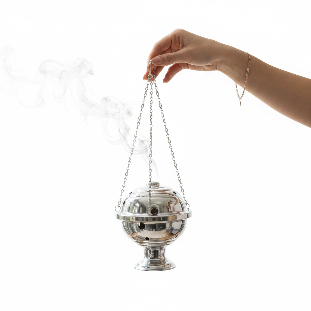 Polished silver chained censer held by its chain with incense smoke rising, on white